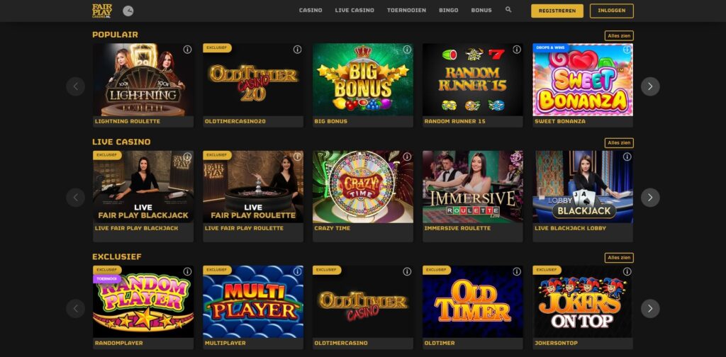 fair play casino homepage met casino spellen overzicht